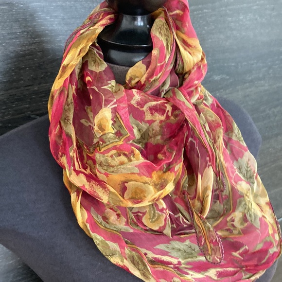 Sheer Floral Square Scarf Burgundy Green & Gold Polyester - Picture 2 of 3